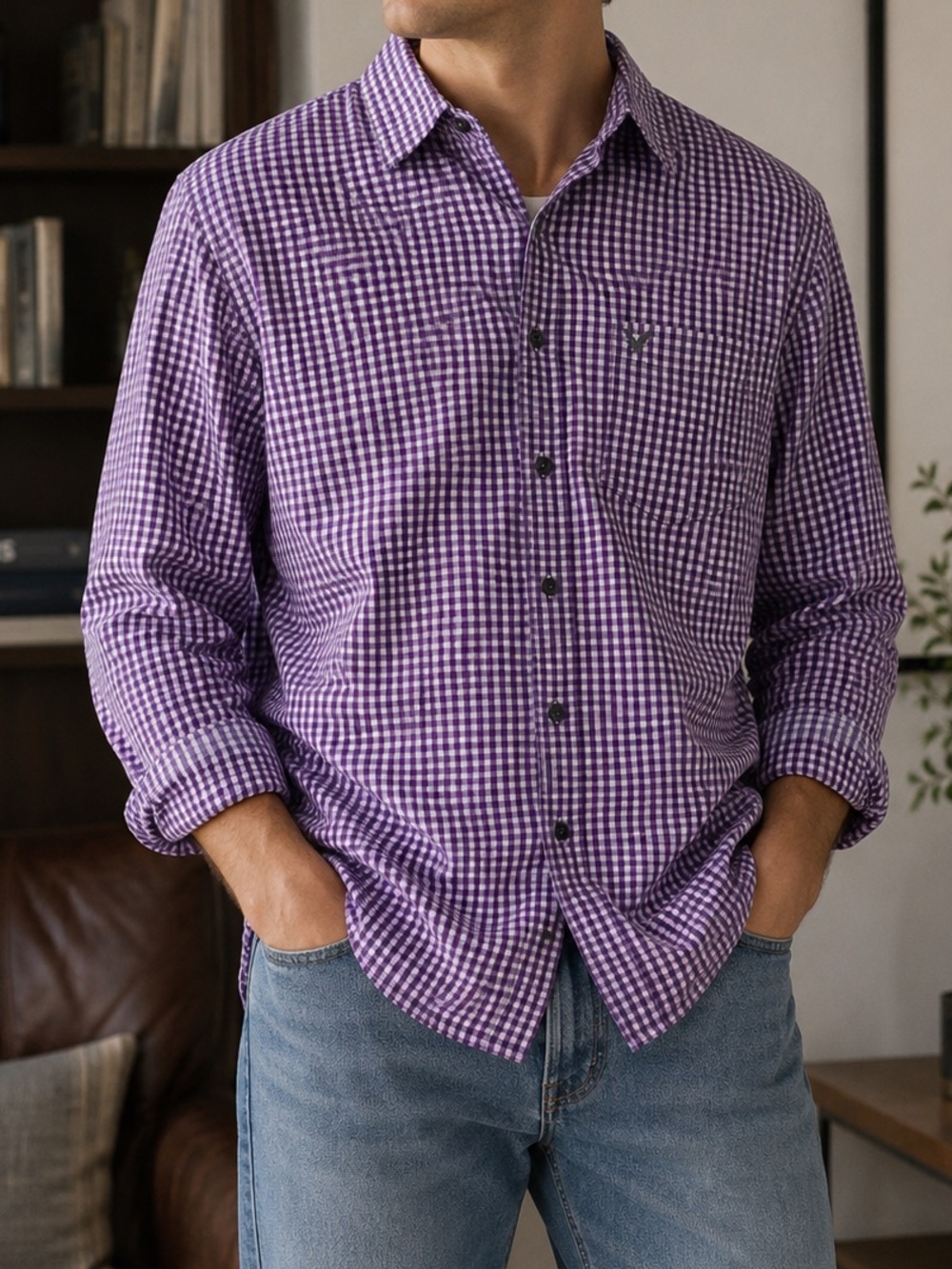 American Eagle Purple Gingham Shirt Size Large